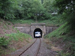 Ausfahrt der Museumsbahn aus dem Tunnel Bierfeld. Im Vordergrund sind Schienen zu sehen, links und rechts neben der Strecke sieht man grün bewachsene Hänge