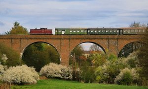 Es sind 3 Torbögen der Talbrücke Oberkirchen zu sehen, im Vordergrund sind Wiesen und blühende Büsche und Sträucher. Über die Brücke fährt die Museumsbahn Ostertalbahn.