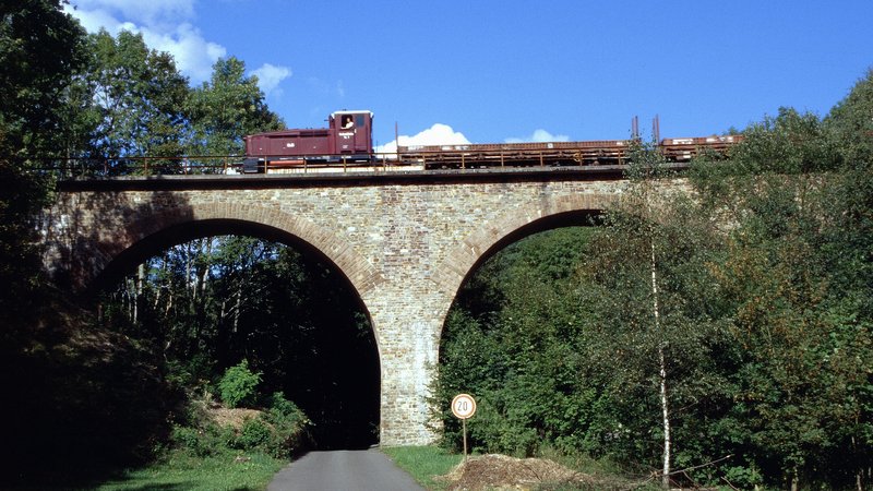 über das Nonnweiler Viadukt fährt die Museumsbahn mit ihrem roten Zug und mehreren Waggons. An den Bildrändern sind Bäume und Büsche zu sehen. Der Himmel ist kaum bewölkt und klar. 